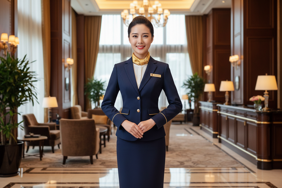 Hospitality staff wearing custom hotel uniforms manufactured by Shree Tara Apparels