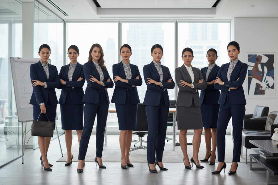 Professional office staff wearing custom branded corporate uniforms manufactured in India